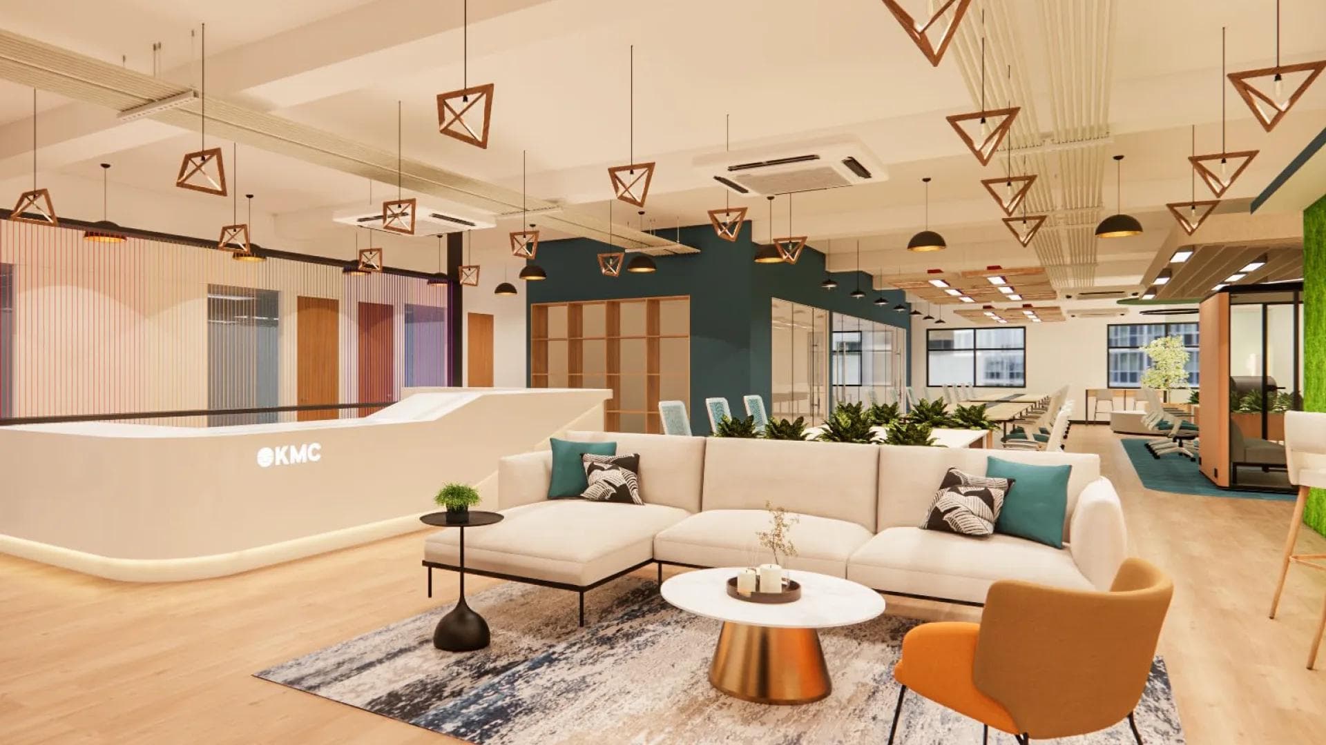 Modern office in BGC with a lounge area, stylish lighting, and open-plan workspace featuring desks and natural wood accents.