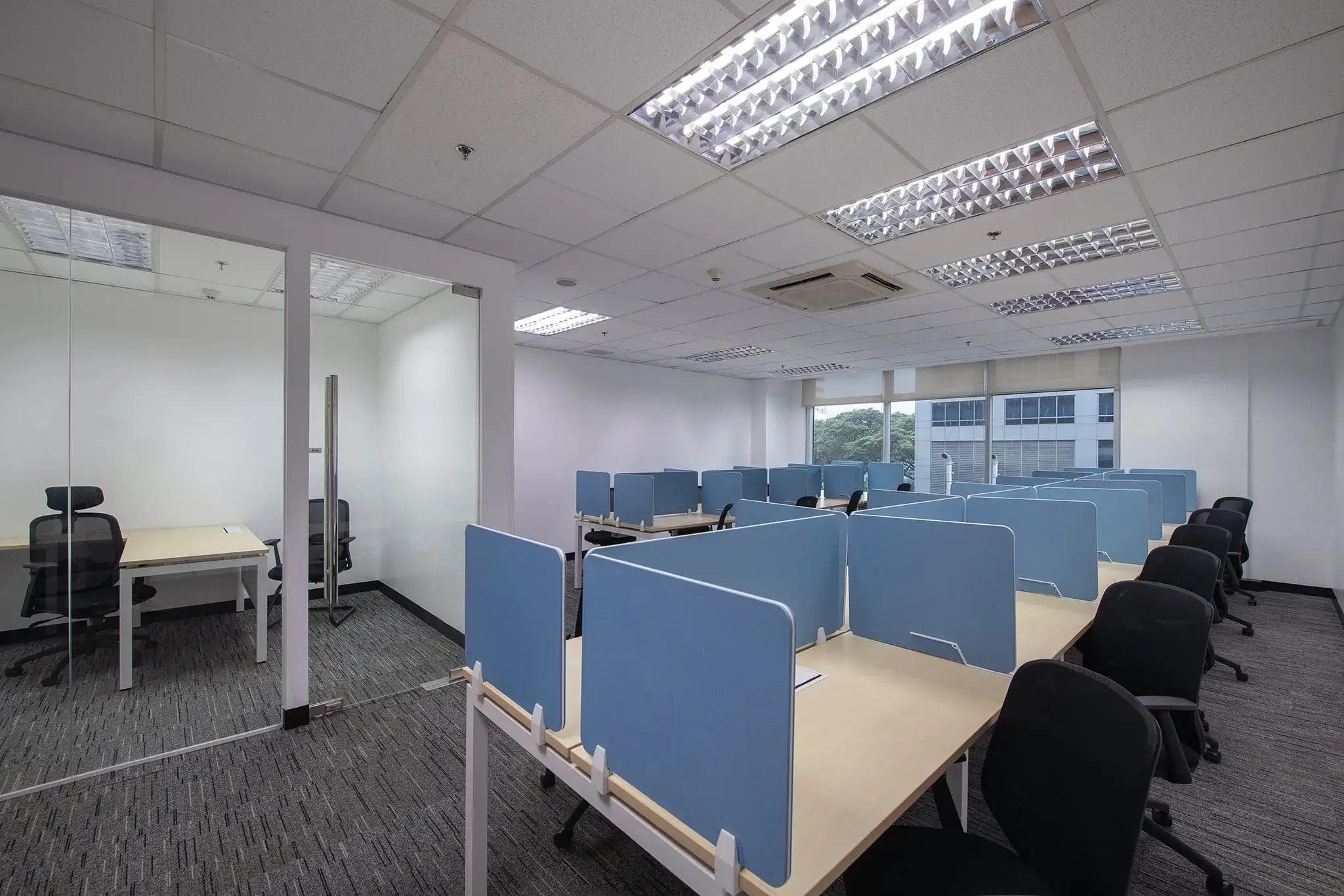 Spacious office space in Lexmark, Cebu with blue desk dividers, black chairs, gray carpet, and a glass-walled room.