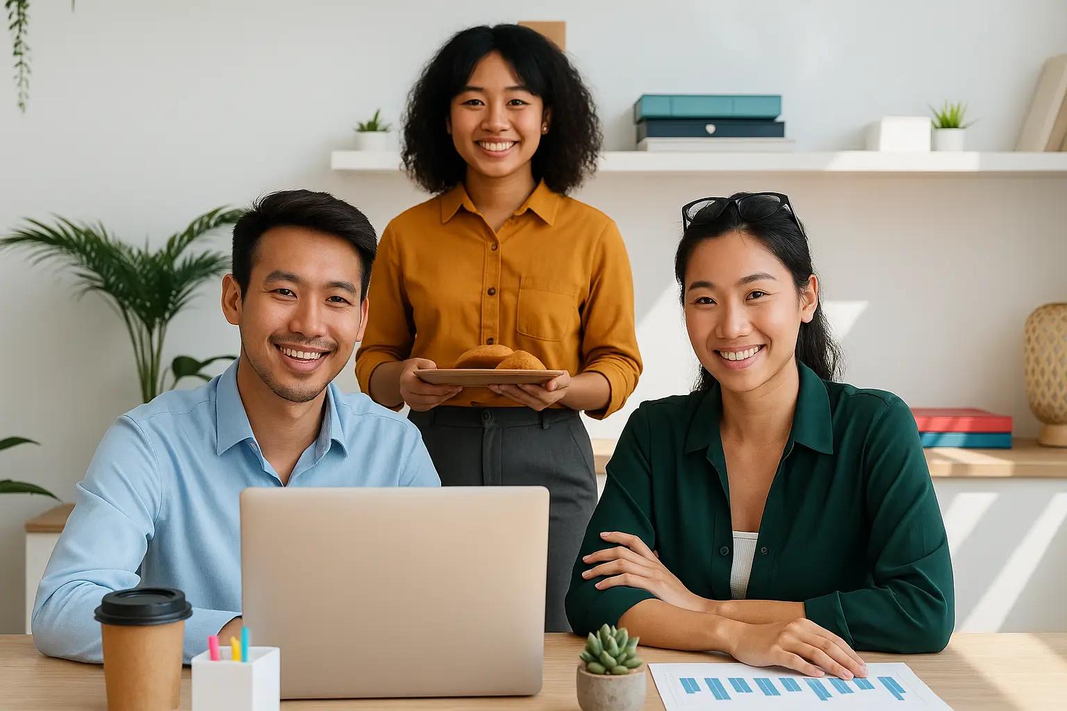 Three smiling team members working together in a bright, plant-filled office with a laptop and documents.