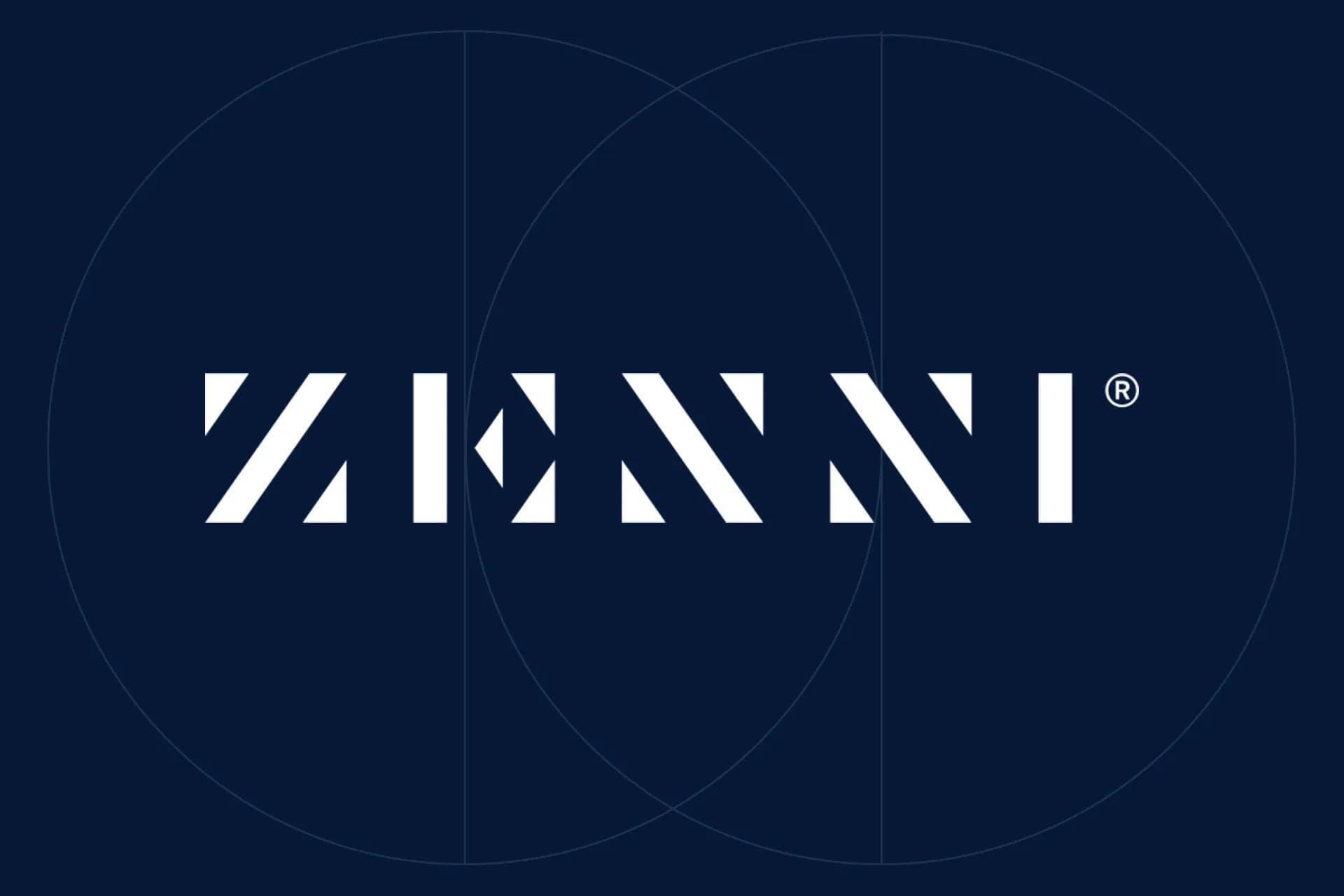 Zenni logo on a dark blue background with circular lines, featured in a KMC case study on building a Center of Excellence.